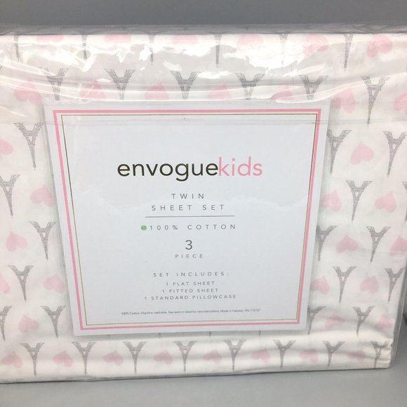 3pc Envogue Eiffel Tower Pink Heart TWIN Sheet Set Love Paris Gray White Kids - Picture 3 of 4